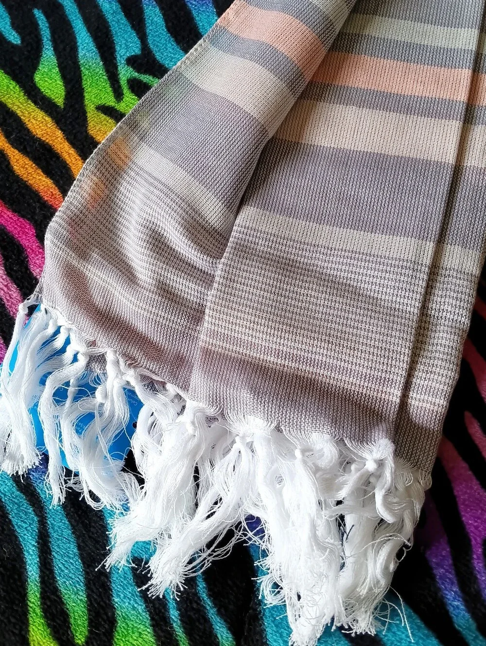 🖤NWT Columbia Early Tide Cotton Scarf Striped Blue Tassles One Size Unisex